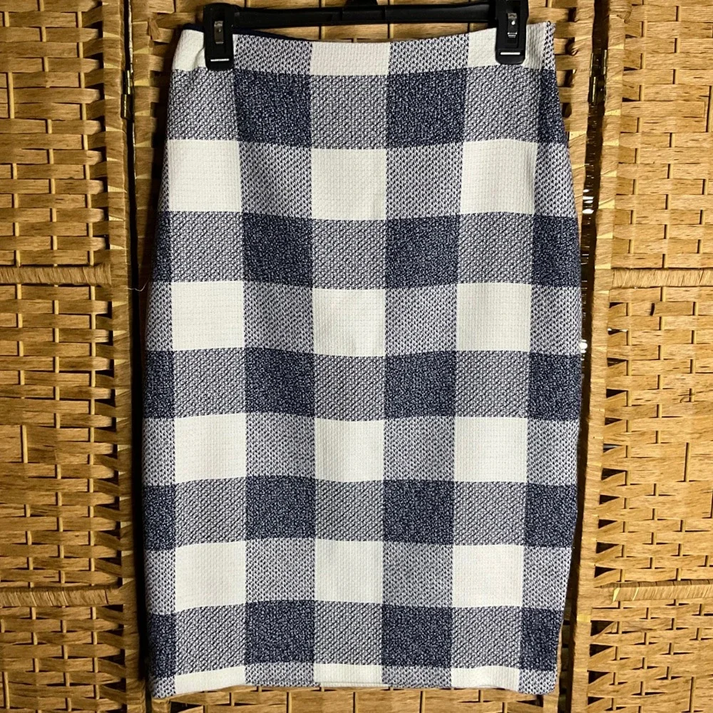 Banana Republic Womens Skirt Size 2 Pencil‎ Blue White Plaid Tweed Career